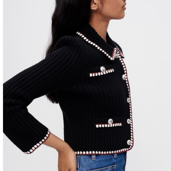 MAJE Contrasting ribbed cropped cardigan - Black with red and white trimming - Picture 2 of 8